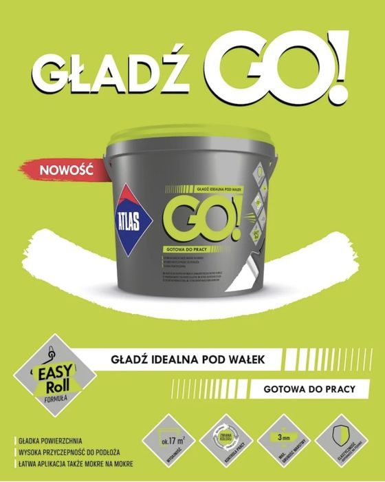 Gotowa gładź szpachlowa Atlas .ATLAS GO!! Wałek GOTOWA GŁADŹ FINISZOWA IDEALNA POD WAŁEK 25 KG .6 sztuk  wiader.Profesjonalne gładzie.Nowa.Plus gratis