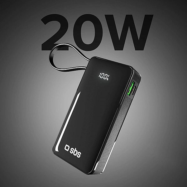 Powerbank SBS 10000 mAh 20W z wbudowanym kablem USB-C i wyświetlaczem