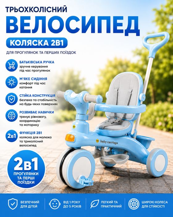 триколісний велосипед Baby Carriage 588 / Велосипед з батьківською ручкою та кошиком / Велосипед-коляска