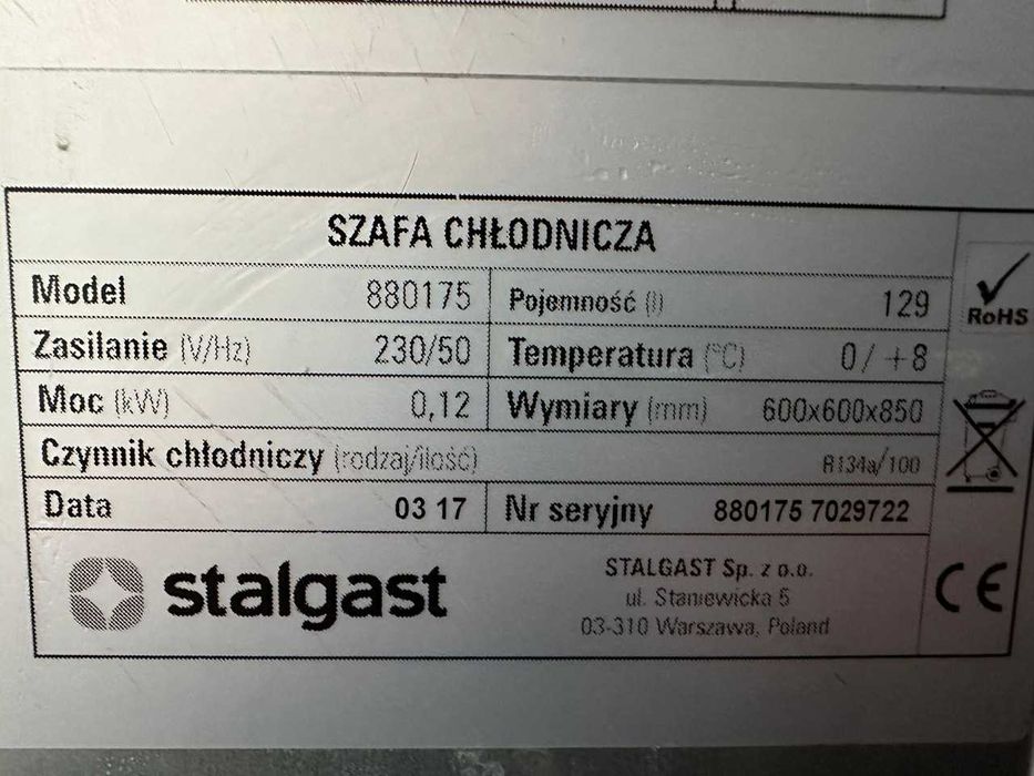 Chłodziarka Stalgast pod blat 85 cm lodówka 130 l