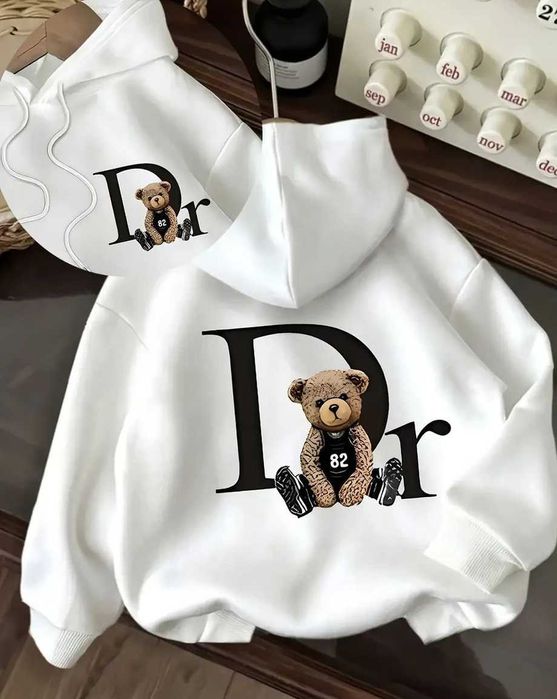 Худі на флісі світшот білий, модна толстовка з ведмедиком