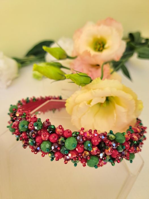 Обідок під вишиванку, сукню. Червоно-зелений обідок ручної роботи.