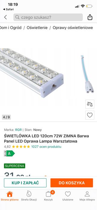 ŚWIETLÓWKA LED 120cm 72W ZIMNA Barwa Panel LED Oprawa Lampa Warsztatowa