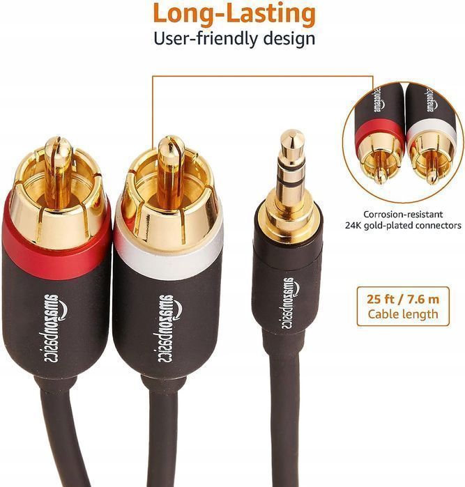 amazon basics 3,5 m na 2-męski adapter rca kabel audio stereo