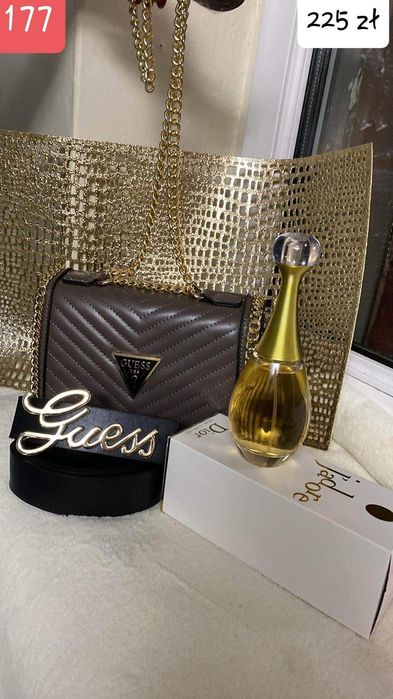 Damski zestaw pasek, torebka, perfumy