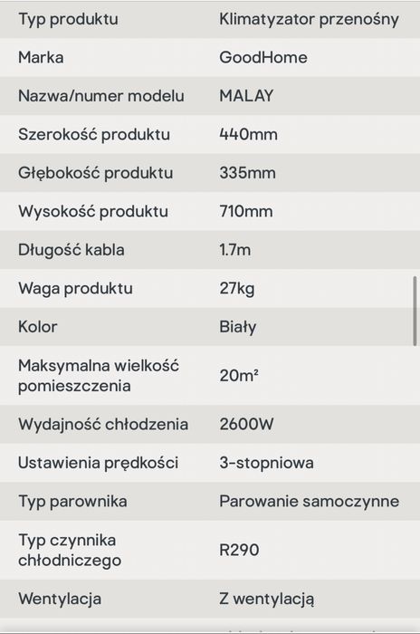 Klimatyzator wolnostojący 2600W/9000BTU