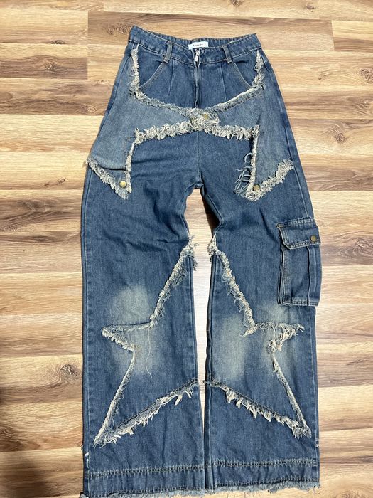 Jeansy cargo y2k z gwiazdami patchwork distressed szerokie