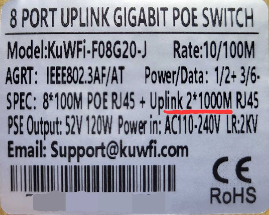 PoE Switch 52V KuWfi 1010B-J 8 Port 10/100Mbps Комутатор