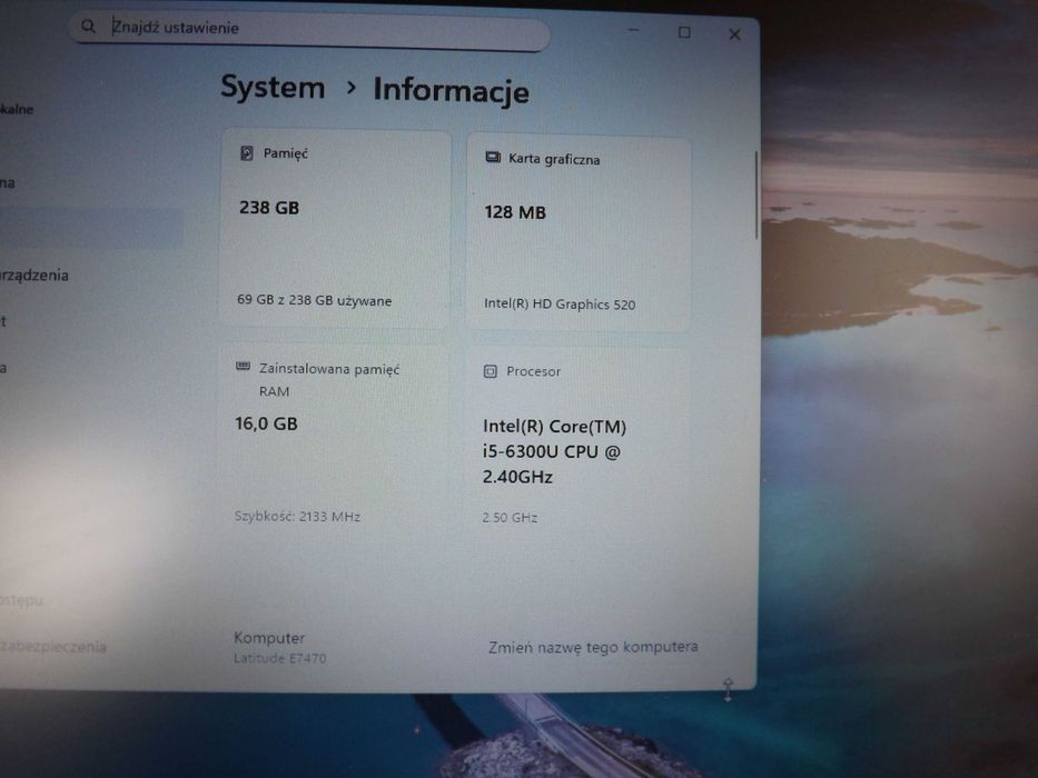 Laptop Dell Latitude E7470 i5 16GB RAM 256GB SSD 14" Win 11 Home