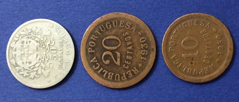 CABO VERDE Lote 3 moedas: 10, 20 e 50 Centavos 1930