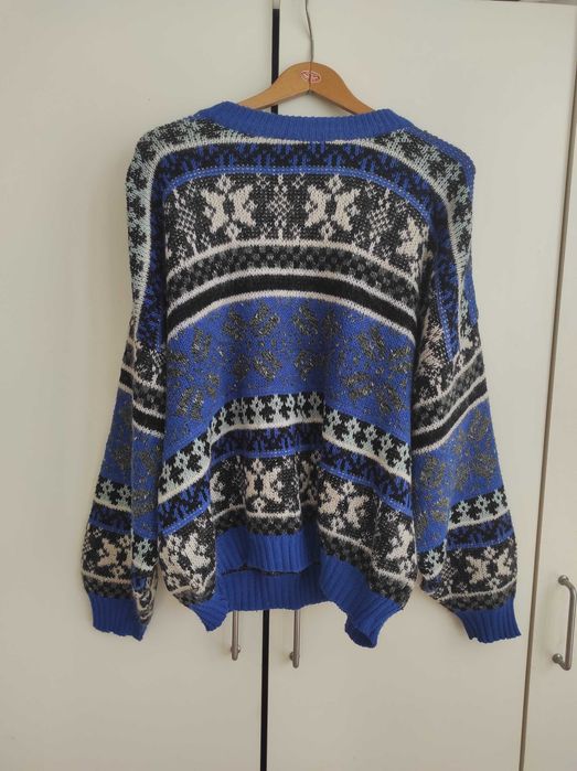Sweter vintage made in italy norweski wzór wełna wool chabrowy niebieski retro