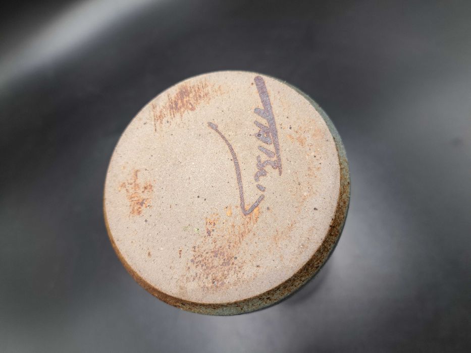 Wazon ceramiczny niebieski brązowe kwiaty rękodzieło walec Szwajcaria
