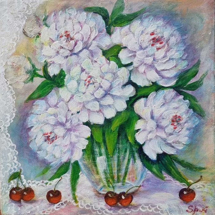 Картина "Білі піони" холст, акрил, на підрамнику розмір 35х35 см