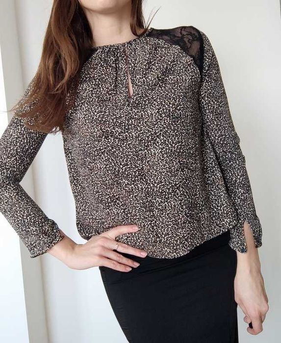 koszula oversize panterka bluzka długi rękaw koronka xs/s 34/36