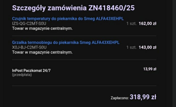 Grzałka oraz czujnik temperatury Smeg