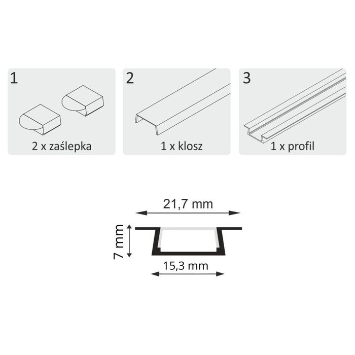 Polux Profil LED Aluminiowy Podtynkowy - Satyna 1m + klosz NOWY