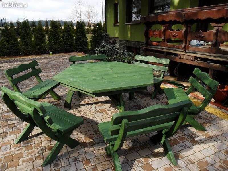 Komplet meble ogrodowe zestaw ogrodowy stół SZEŚCIOKĄT 6 ławek 90 cm