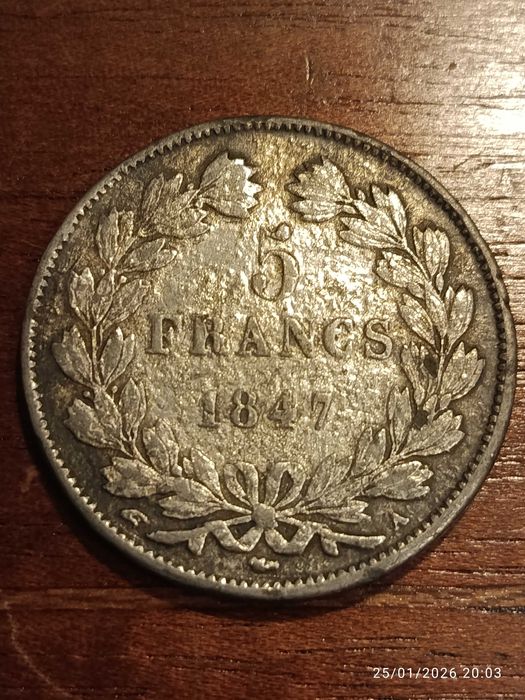 Moeda Prata 5 Francos França 3,7 cm séc XIX 1847