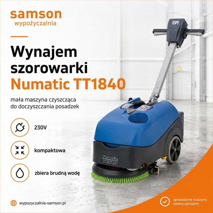 Wynajem szorowarki Numatic TT1840 | mała szorowarka na prąd, maszyna czyszcząca | Katowice i Śląsk | szorowarka, sprzątanie, doczyszczanie