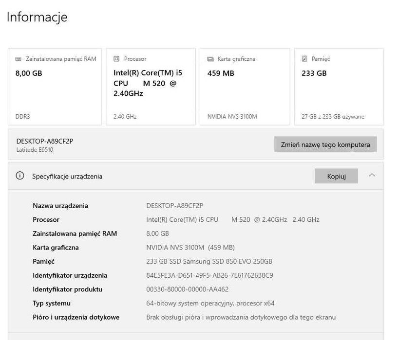 Laptop Dell E6510 Intel Core i5 2x4GB 250GB podświetlana klawiatura
