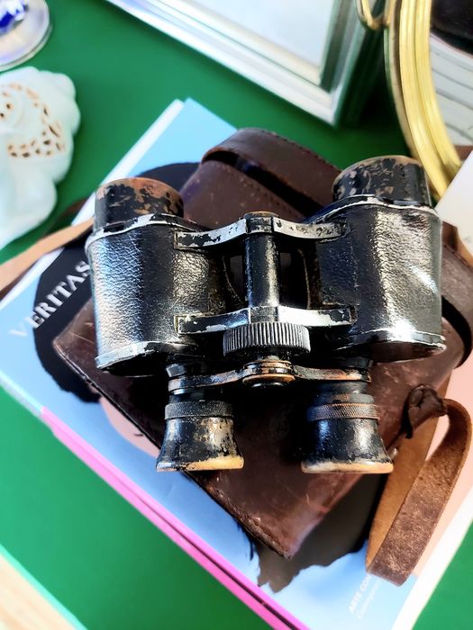 Binóculos antigos com bolsa em pele