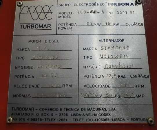 Gerador 20kVA em chassis 230/400V 1500rpm