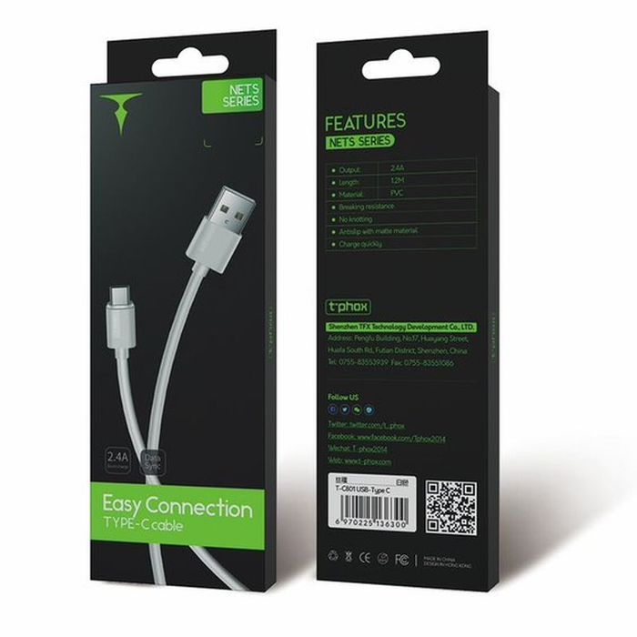 Kabel T-Phox nets Type-C white 3A ; PVC ; 1.2M