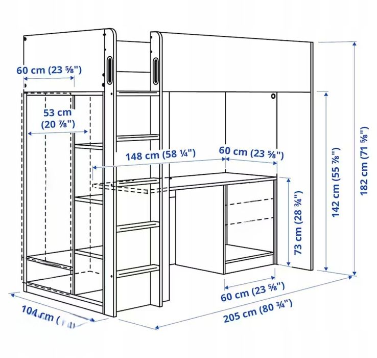 Łóżko na antresoli SMASTAD Ikea, Białe, stan bardzo dobry.