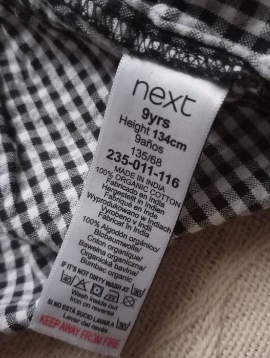 NEXT 8-10L bawełniana czarno-biała sukienka w kratkę bufiasty rękaw