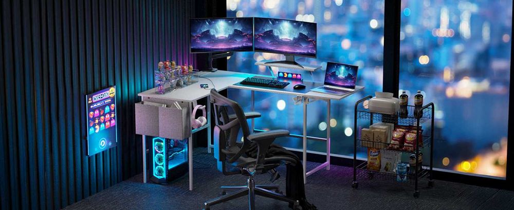 Biurko gamingowe Narożne BIAŁE 120-150cm z gniazdem + USB . Ośw. LED .