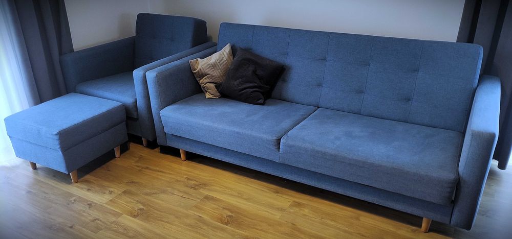 + Zestaw: Kanapa rozkładana + Fotel + Podnóżek, Pojemnik.