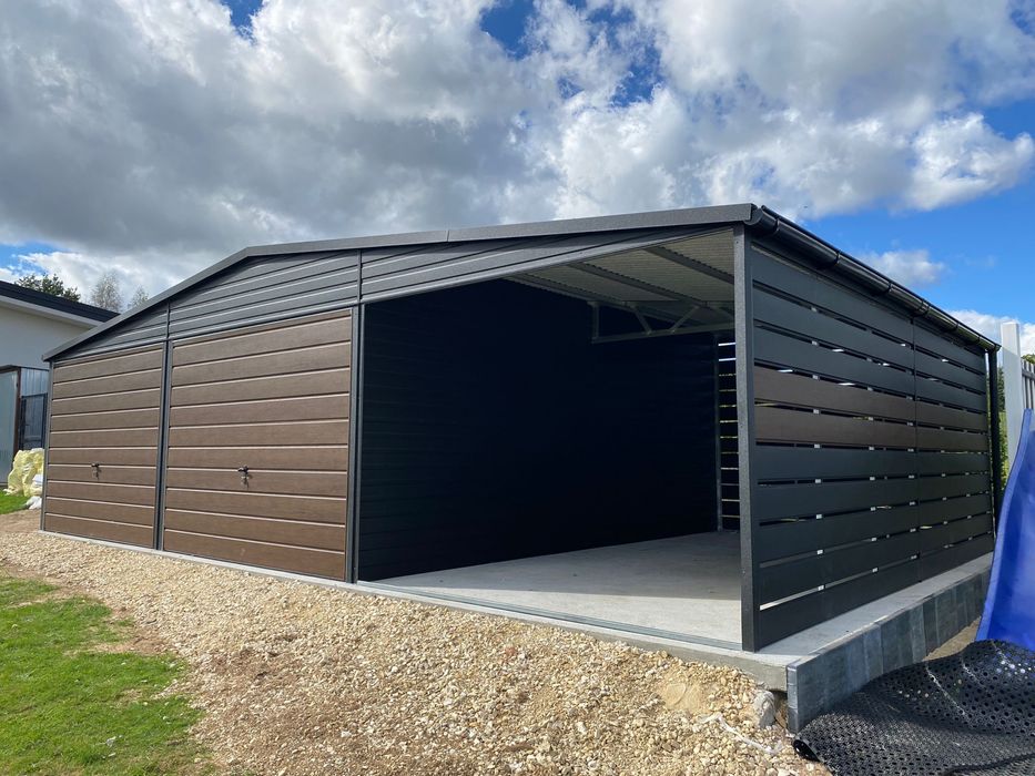 Garaż blaszany 6x6 + wiata 3x6, czarny mat, orzech, profil zamknięty.