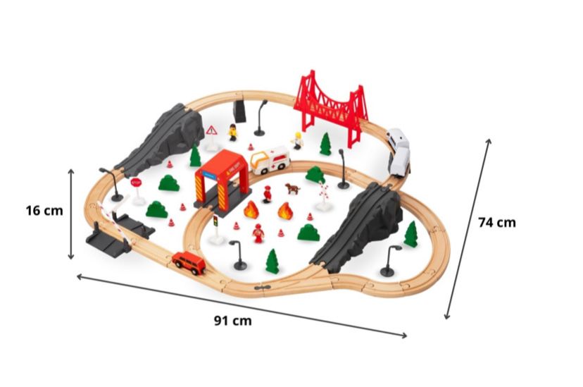 Drewniana kolejka Straż Pożarna, tory, auta, mosty, szlaban