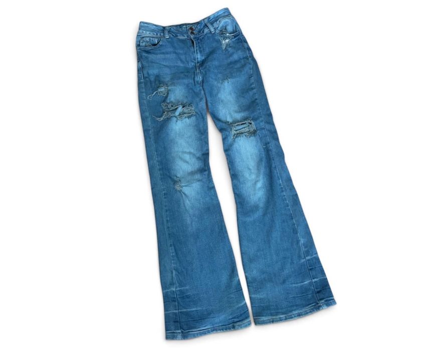 Сині клеш джинси, blue washed denim flared jeans, disstresed vintage pants y2k