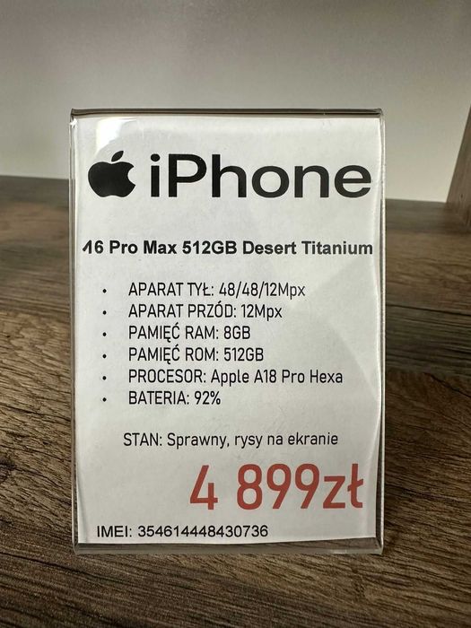 Smartfon Telefon Apple iPhone 16 Pro Max 512GB Desert Titanium bdb