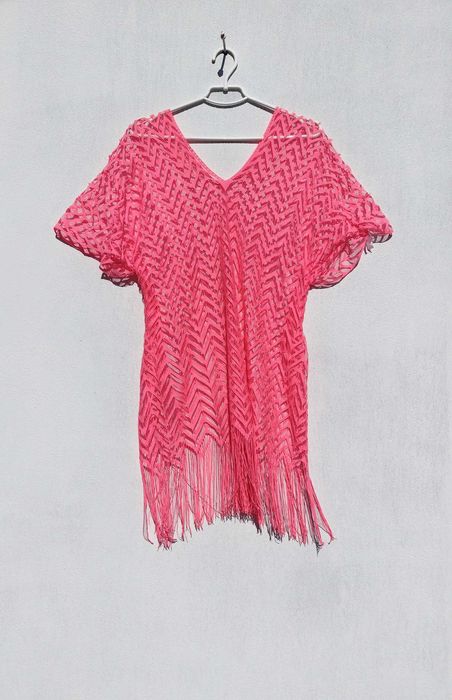 Новая яркая розовая летняя пляжная туника сетка с бахромой Essentiel