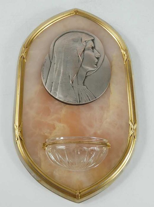 Duża KROPIELNICA Matka Boża Maryja alabaster mosiądz 29,5 cm