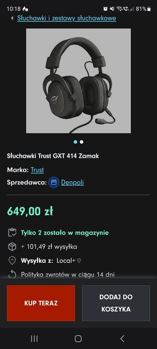 Nowe słuchawki Trust Zamak 414 GXT wysoki model przetworniki 53mm noedymowe