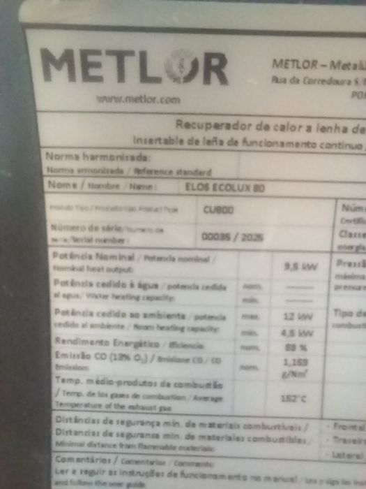 Recuperador de calor METLOR ELOS ECOLUX 80  com ARO, GRELHA e Tubos de inox