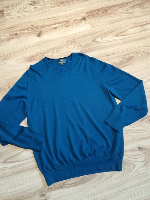 Niebieski Męski Wełniany Sweter W Serek M&S Marks & Spencer V-neck 100% Wełna Merino Dark Teal