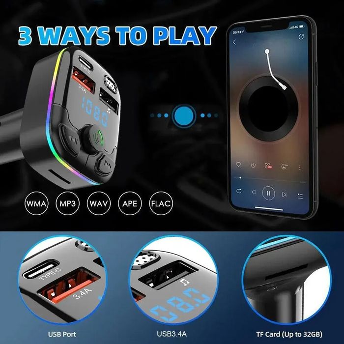 Transmiter FM szybka ładowarka Bluetooth audio MP3 BT 2X USB RGB USB-C
