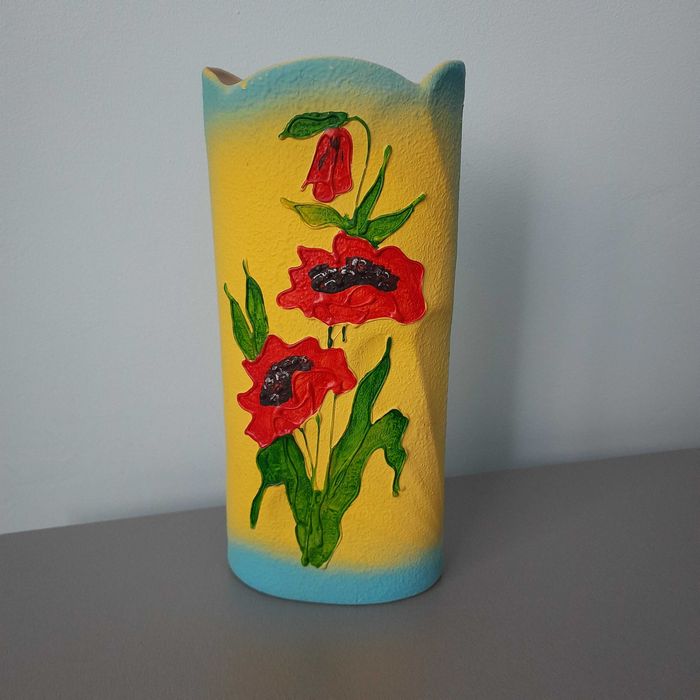 Ваза керамічна з маками жовто синя 31,5см, Вази для квітів 30см