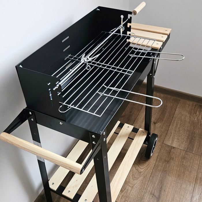 GRILL Węglowy Ogrodowy Na Kółkach Regulowany Rożen BBQ Ruszt 50 x 24cm