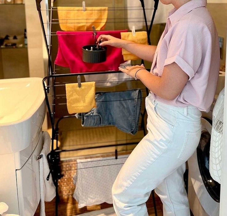 Zestaw 2w1 XXL Mocna Suszarka Balkonowa Trzypoziomowa + Kosz Na Pranie