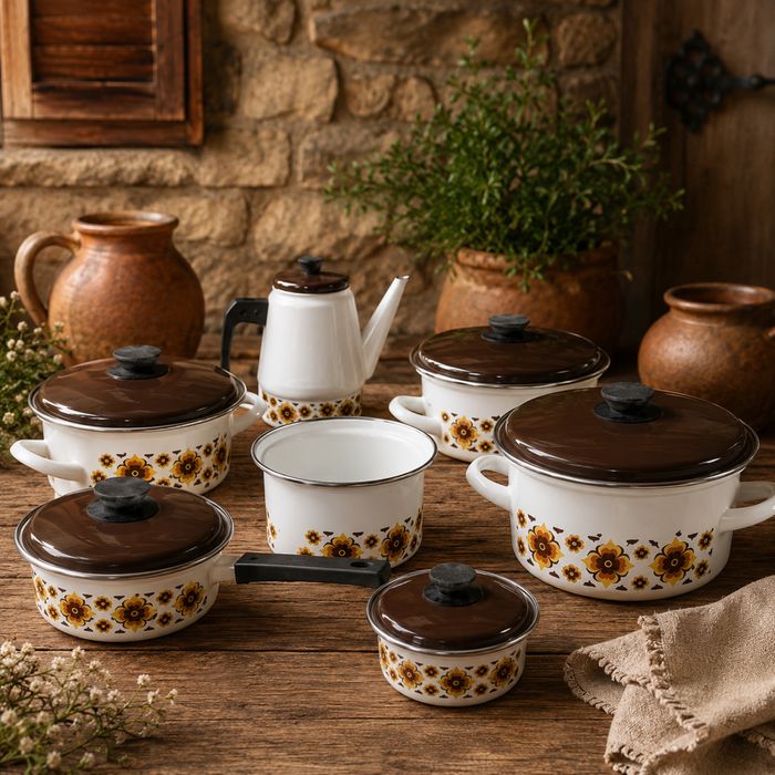 Conjunto Vintage de Tachos e Utensílios Esmaltados – Estilo Retro Anos 70/80