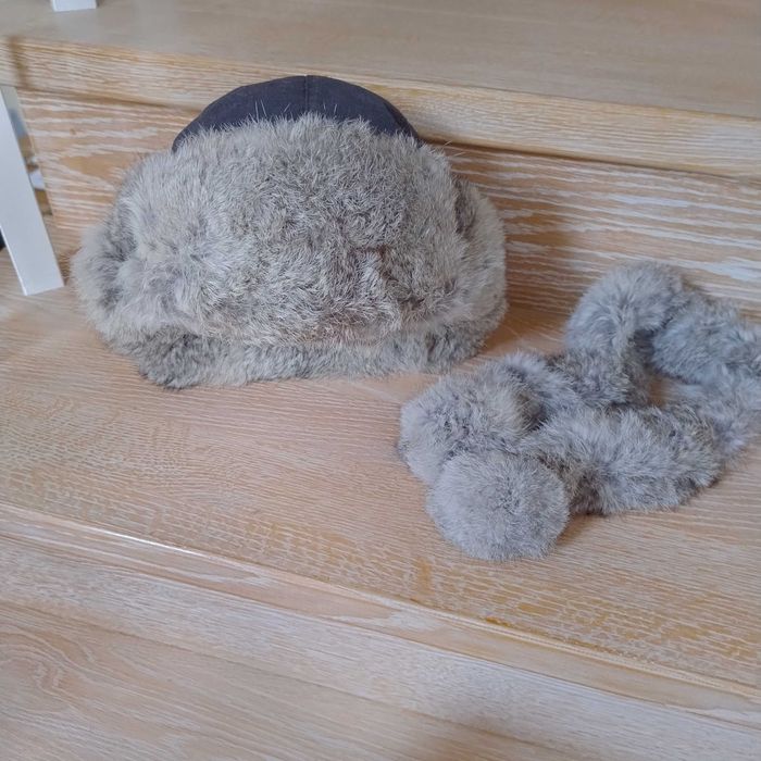 czapka uszatka/pilotka z futerkiem z królika - L (+ szaliczek gratis!)