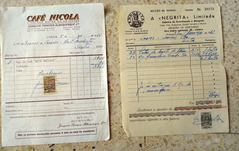Facturas e Recibos de casas comerciais antigas de Lisboa