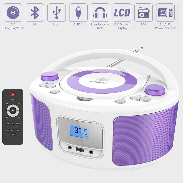 Odtwarzacz CD, boombox Bluetooth, pilot, radio FM, USB