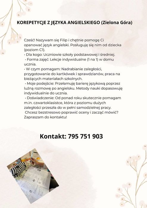 Korepetycje z języka  angielskiego (Szkoła podstawowa/Liceum/Technikum) Zielona Góra