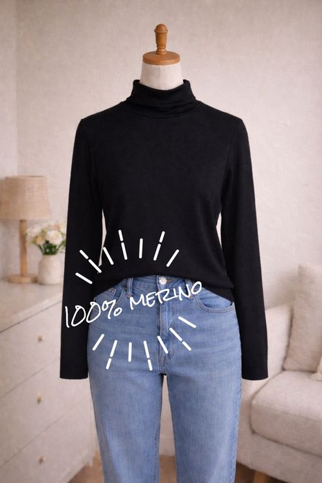 Cienki golf damski wełniany 100% merino merynos gładki czarny M/L